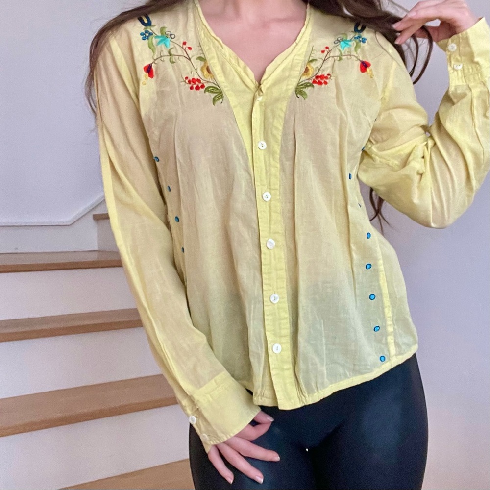 Johnny Was Vintage Yellow Floral Embroidered Colorful Button Front Blouse Top